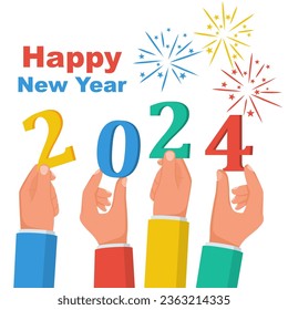 Happy New Year 2024. Team businessmen holding numbers 2024, and text congratulations, greetings. Vector illustration. Isolated on white background.