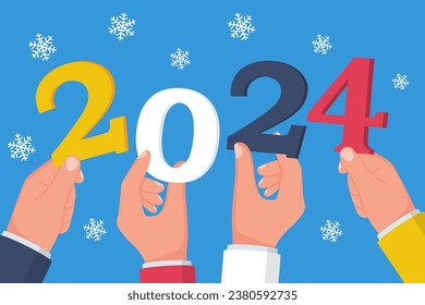 Happy New Year 2024. Team businessmen holding numbers 2024, and text congratulations, greetings. Vector illustration. Isolated on white background.