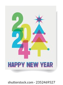 Happy new year 2024 template Brochure Risograph Effect. Greeting concept for 2024 new year celebration. WITH CHRISTMAS TREE