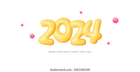 Happy New Year 2024 template. Yellow balloon numbers and confetti on white background. Xmas decoration element in cartoon toy style. Vector illustration