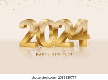 Happy New Year 2024 template with 3D golden number. Concept of congratulations for the celebration of New Year and Christmas. Vector illustration.
