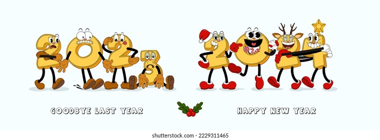 Alles Gute zum Neujahr 2024 im Retro-Cartoon-Stil. Cute Comic Handschuhe Zahlen im Cartoon Stil der 30er Jahre glücklich treffen das neue Jahr und traurig sehen aus dem alten Jahr.