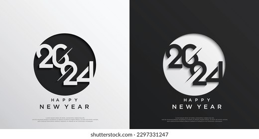 Feliz diseño de texto de Año Nuevo 2024. Cubierta del diario de negocios para 2024 año con deseos. Folleto, tarjeta, plantilla de diseño de banners. Ilustración vectorial. Aislado sobre fondo blanco y negro.