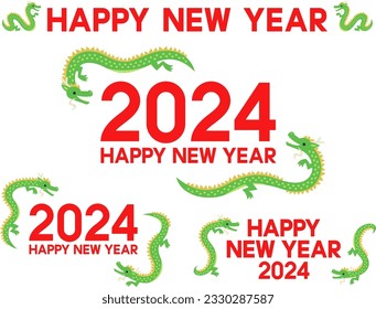 "HAPPY NEW YEAR 2024" text with dragon pair frame illustration set