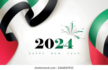 Feliz Año Nuevo 2024 texto y bandera ondeando en los Emiratos Árabes Unidos. Ilustración del vector