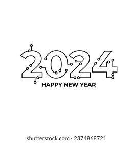 Happy new year 2024 text design with high tech circuit board texture. Vector illustration.