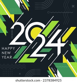 feliz diseño de texto de año nuevo 2024 con caligrafía moderna y estilo de fondo oscuro. Cartel creativo de tarjeta de felicitación para 2024 líneas verdes de color verde vegetal verde de la energía limpia y coloridas. Última ilustración vectorial.