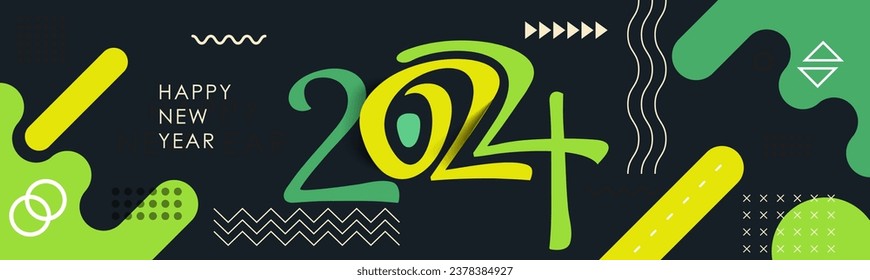 happy new year 2024 text design with modern calligraphy and dark background style. Creative Greeting card banner for 2024 clean energy colorful vegan green yellow lines. Latest Vector illustration.