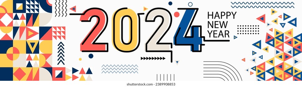 Happy New Year 2024 text design Modern Calligraphy  Greetings on a Stylish with geometric patterns, abstract pattern with lines new year celebration design colorful vector illustration 