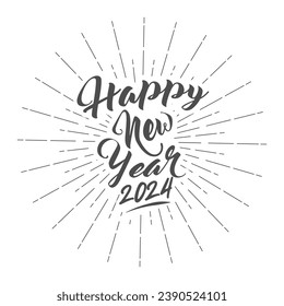 Happy New Year 2024 text with rays of burst. Calendar header for 2024 with wishes. Template for greeting card, banner, invitation. Isolated on white background. Vector illustration.