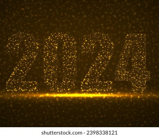 Happy New Year 2024 text design with glowing particles. Holiday vector illustration