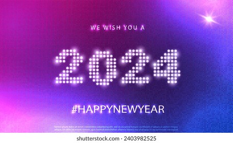 Happy New Year 2024 text led display in technology style. 2024 glowing numbers on digital screen electric display for holidays, new year banner, hud, 2024 calendar cover, greeting card. Vector EPS10.