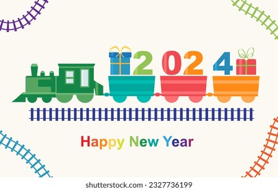 Happy New Year 2024 train with gifts, vector illustration greeting color card isolated on white