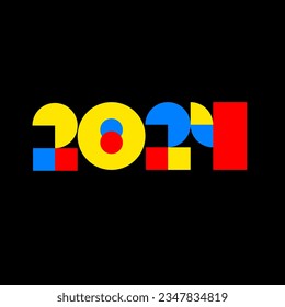 Happy New Year 2024. Trendy font in retro Bauhaus design style. Artistic geometric printing type drawing in blue, red and yellow circles, triangle and square. 