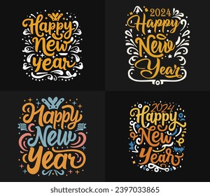 Happy New Year 2024 T-Shirt Design Typography Bundle svg