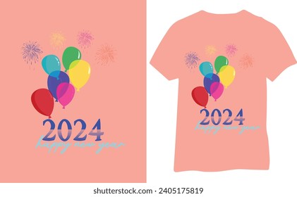 Happy New Year 2024 t-shirt design, New Year Event T-Shirt Template, Holiday Trendy t-shirt print design 