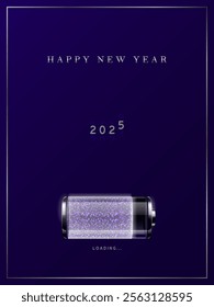 Happy new year. 2024 turns into 2025. Incomplete silver battery with shiny silvery purple fill in the process of loading. Dark purple background