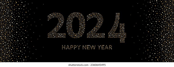 Happy New Year 2024 typographic composition, greeting card, banner. Gold numbers, letters, characters made of hand drawn golden foil spangles, sparkles, sparks, glittering dots. Dotted border.