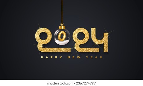 Happy new year 2024 typographic text poster design celebration. Sparkle golden numbers and dark background vector illustration.