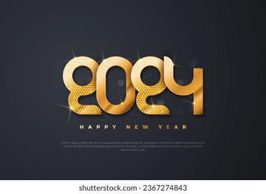 Happy new year 2024 typographic text poster design celebration. Glowing golden numbers and dark background vector illustration.