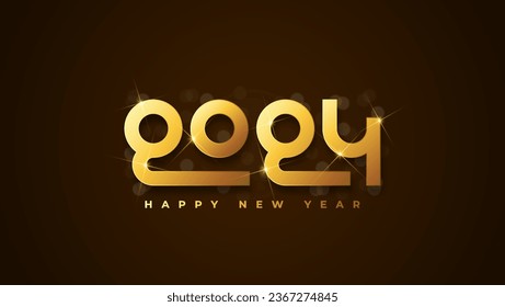 Happy new year 2024 typographic text poster design celebration. Glowing golden numbers and dark background vector illustration.