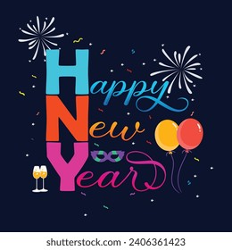 Happy New Year 2024 typography logo design. New year celebration. Greeting concept for 2024 new year celebration. New year ornament. Decoration element with tinsel.