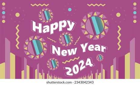 Happy new year 2024 vector banner design. 2024 new year modern minimal poster illustration background. Geometric shape vibrant colors greeting card.