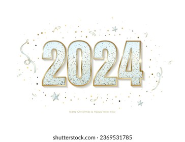 Feliz Año Nuevo 2024. Plantilla de felicitación de vectores. Números dorados con confeti en un fondo blanco.