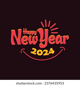 Happy new year 2024 vector typography illustration. New year banner, poster, greeting card template. New year 2024 celebrating vector illustration. New year lettering with a smile icon.