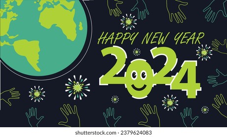 happy new year 2024 vector banner design with retro geometric shapes and vibrant colors, planet earth, hand line pattern and typography. 2024 new year modern minimal graphic poster illustration