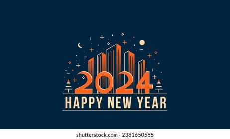 Happy New Year 2024 Vector Design. Unique and modern concept with Futuristic night city. Design for Greetings, banners, posters, calendar or social media post