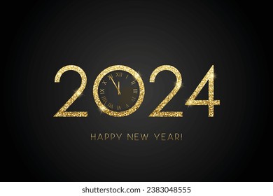 Happy New Year 2024 - Vector New Year background with gold clock and gold glitter on black 