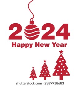 Happy New Year 2024 Vector Logo along with christmas tree icon. Christmas 2024 Red Color Unique  Creative illustration logo EPS File.