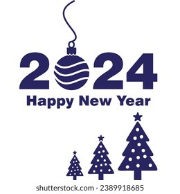 Happy New Year 2024 Vector Logo along with christmas tree icon. Christmas 2024 Blue Color Unique  Creative illustration logo EPS File.