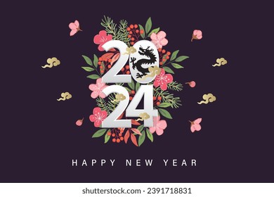 Happy new year 2024, Vector new year card design template, new year numbers and text, chinese dragon silhouette, winter plants.	