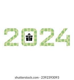 happy new year 2024 vector object with gift icon with white background. green color gradient and white shade color. isolated change color prefaces. 
