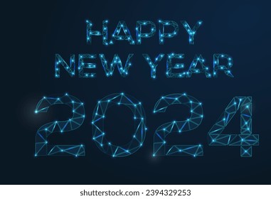 Happy new year 2024. Vector low-poly image consisting of points and shapes in the form of stars and space.
