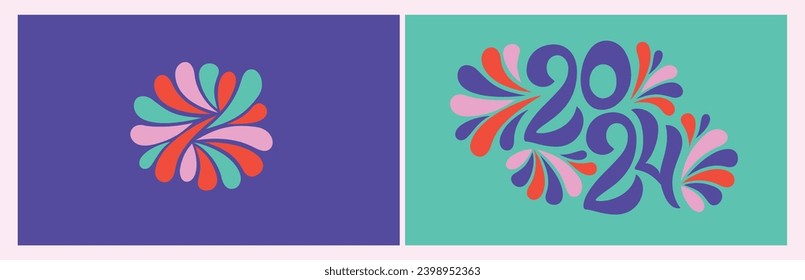 Feliz año nuevo 2024 vector set. Diseño de texto con letras manuscritas con un concepto moderno único y creativo. Diseño colorido y luminoso, estilo moderno, calendario 2024. Icono o idea de afiche. 
