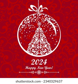 Happy new year 2024! Vintage card. Celebration red background with Christmas tree, Christmas ball and place for your text. Winter holidays. Background for your Seasonal Flyers 