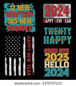 Happy New Year 2024 vintage t shirt Design Vector Bundle, Welcome 2024, Good bye 2023 hello 2024