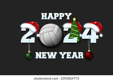 Happy new year. 2024 with volleyball ball. Numbers in Christmas hats with Christmas tree balls. Original template design for greeting card. Vector illustration on isolated background