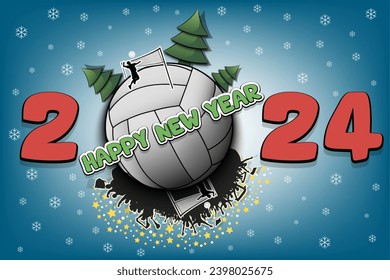 Happy new year. 2024 with volleyball ball, Christmas trees, volleyball player and fans. Original template design for greeting card, banner, poster. Vector illustration on isolated background