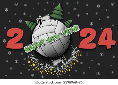 Happy new year. 2024 with volleyball ball, Christmas trees, volleyball player and fans. Original template design for greeting card, banner, poster. Vector illustration on isolated background