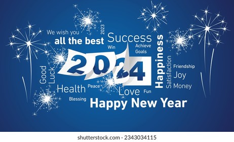 Happy New Year 2024 white word cloud text with 2024 calendar pages and light sparkle firework blue background vector