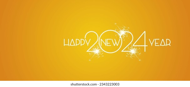 Happy New Year 2024 white shining light typography logo sparkle firework orange background greeting card