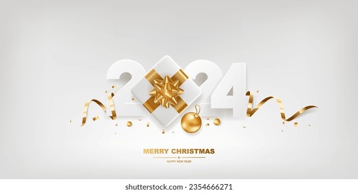 Happy New Year 2024. White paper numbers with golden ribbons, gift box and confetti on a white background.
