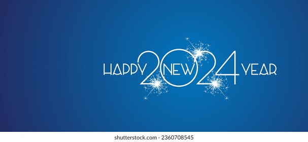Happy New Year 2024 white shining light typography logo sparkle firework blue background greeting card