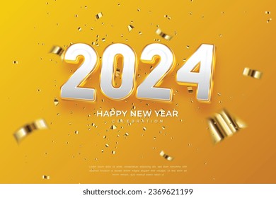Happy New Year 2024. White Gold 3D numbers with gold confetti and white style on Yellow Background