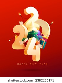 Happy New year 2024. White 3D data with Christmas tree and colorful gift boxes. Holiday poster design. The image was created without the use of any form of AI.