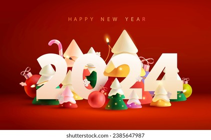 Happy New year 2024. White big letters with 3D colored christmas trees. Festive Christmas forest. Greeting card design. The image was created without the use of any form of AI.